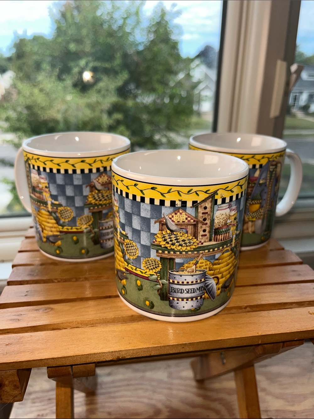 Set 3 Debbie Mumm Yellow Beehive Ceramic Mugs - Home Dining